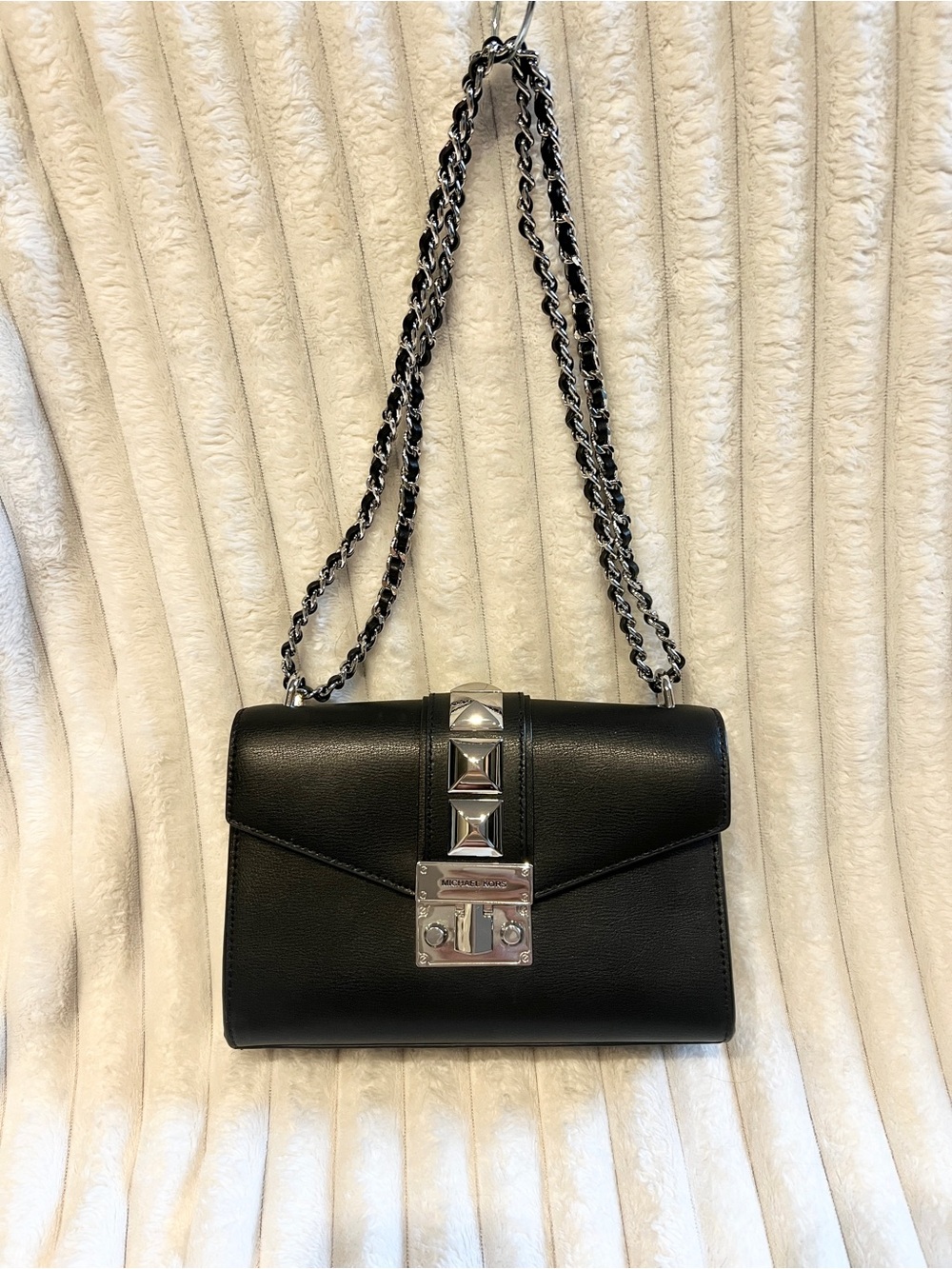 Michael Kors Black Studded Chain Shoulder Crossbody Bag Silver Hardware